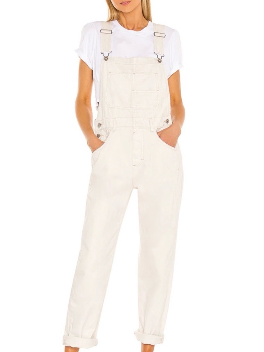 Free People white denim overalls